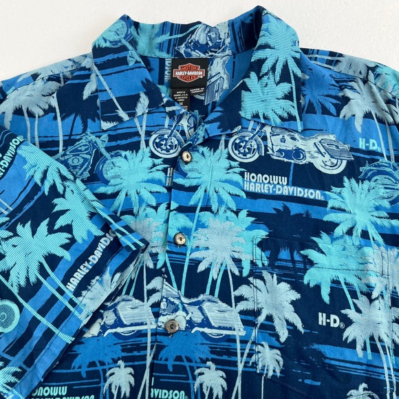 Harley-Davidson Honolulu Hawaiian Shirt Mens M Blue Palm Tree Motorcycle Aloha